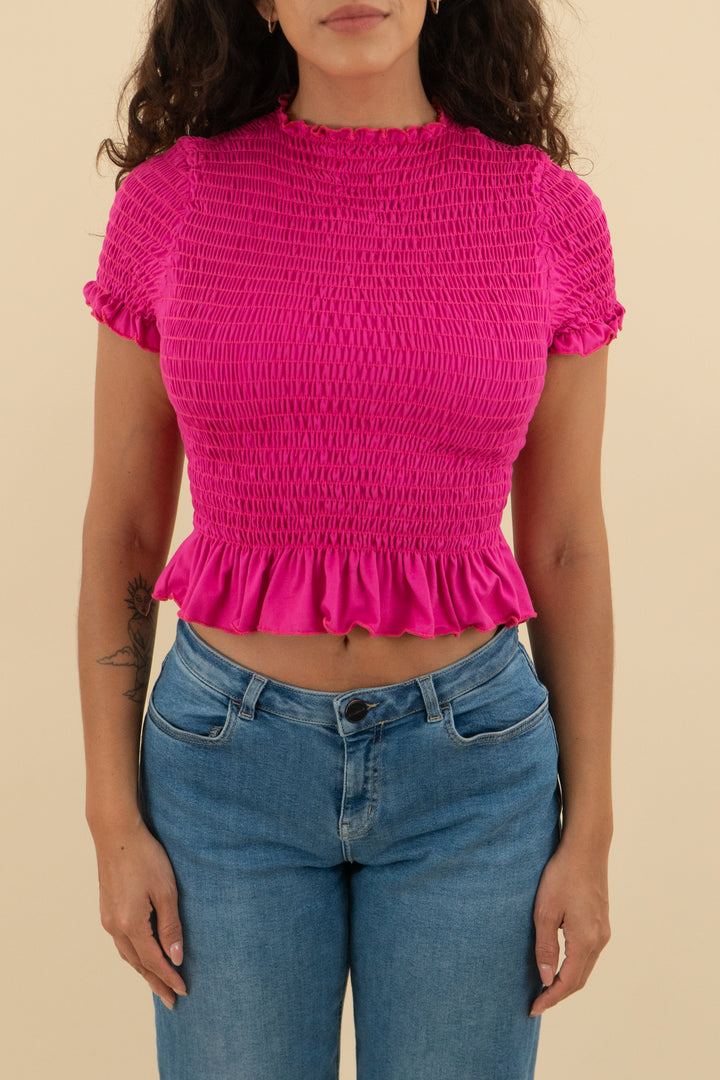 aqua fuchsia smocked short sleeve top (s; retail $90)