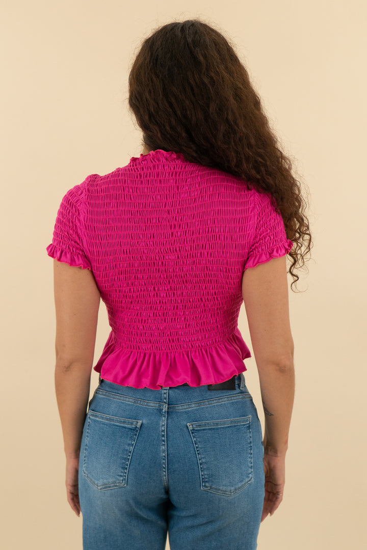 aqua fuchsia smocked short sleeve top (s; retail $90)
