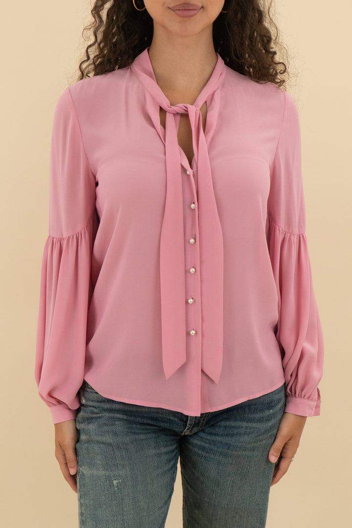 tahari pink tie neck chiffon button down blouse (xs; retail $80)