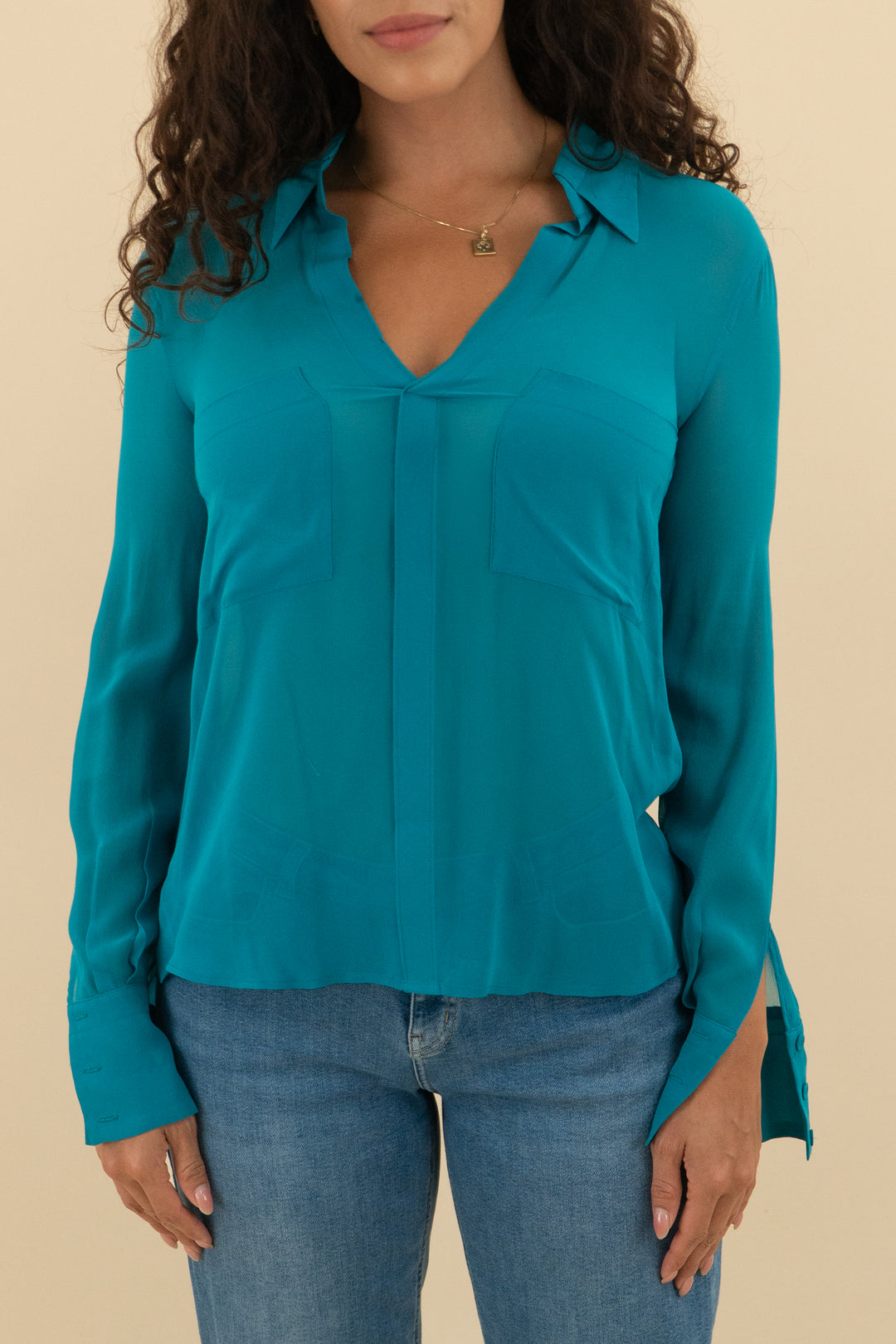 Bcbgmaxazria Dark Teal Sheer Button Down (xs; retail $98)