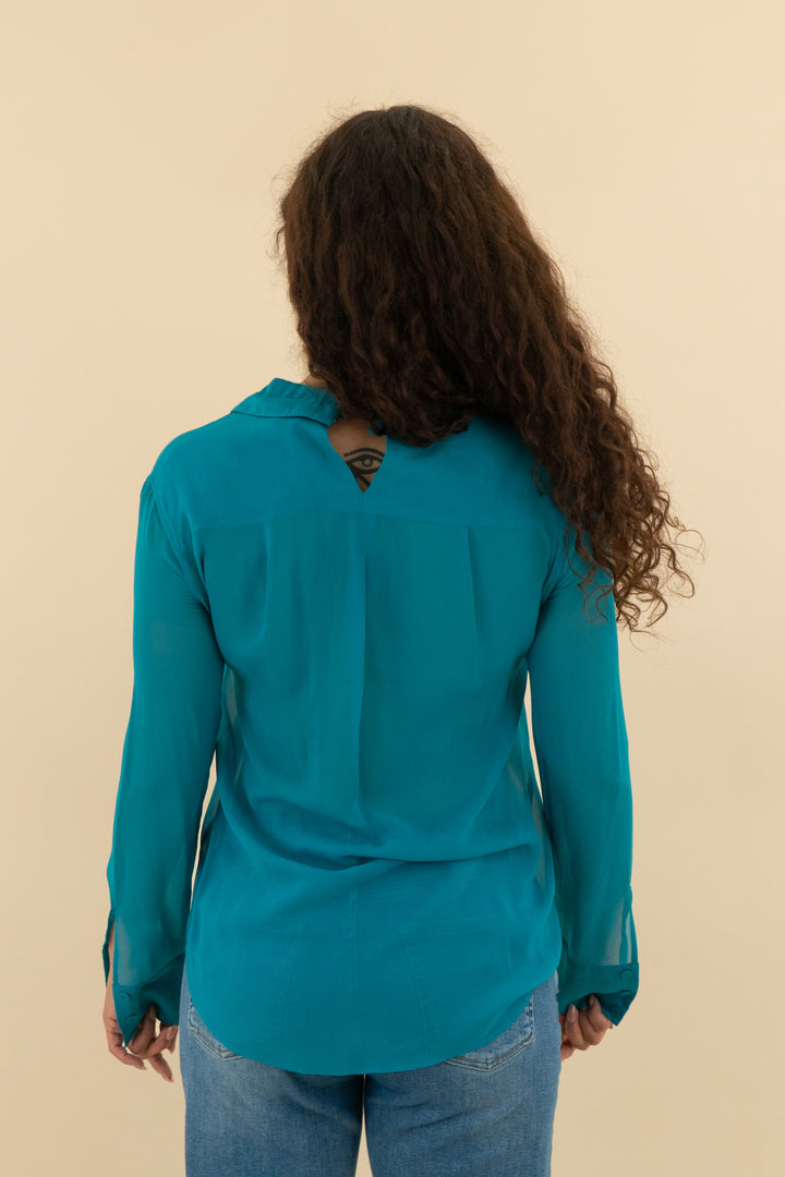 Bcbgmaxazria Dark Teal Sheer Button Down (xs; retail $98)