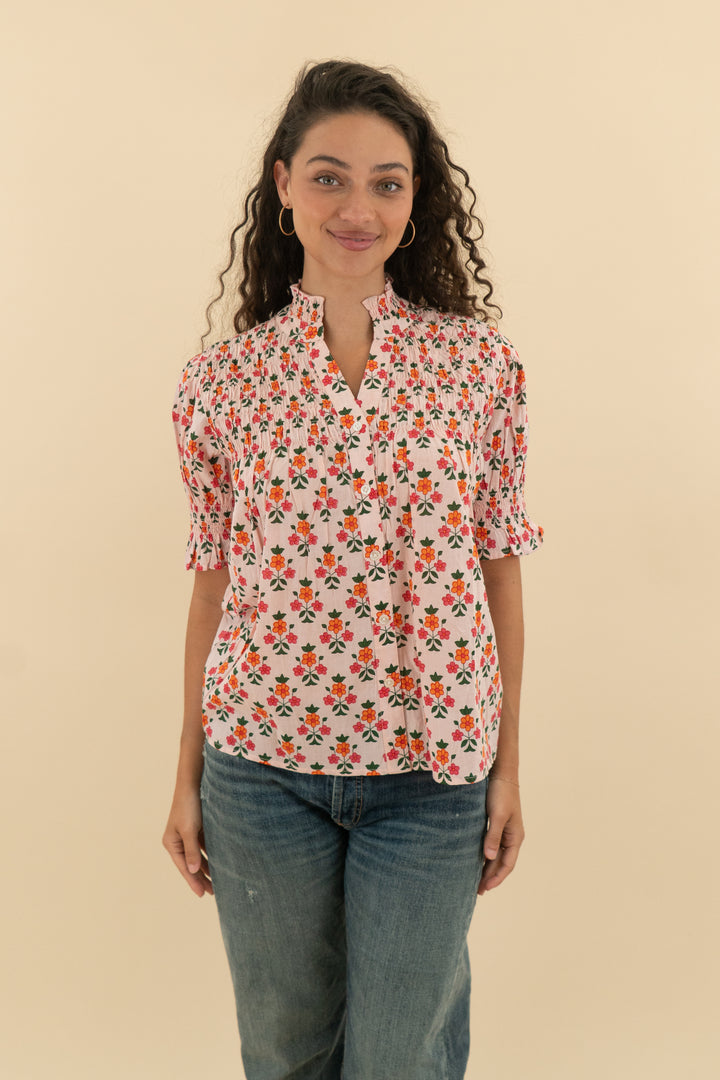 8. thml pink floral short sleeve button down top (s; retail $90)