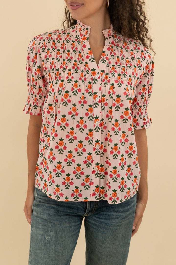 8. thml pink floral short sleeve button down top (s; retail $90)