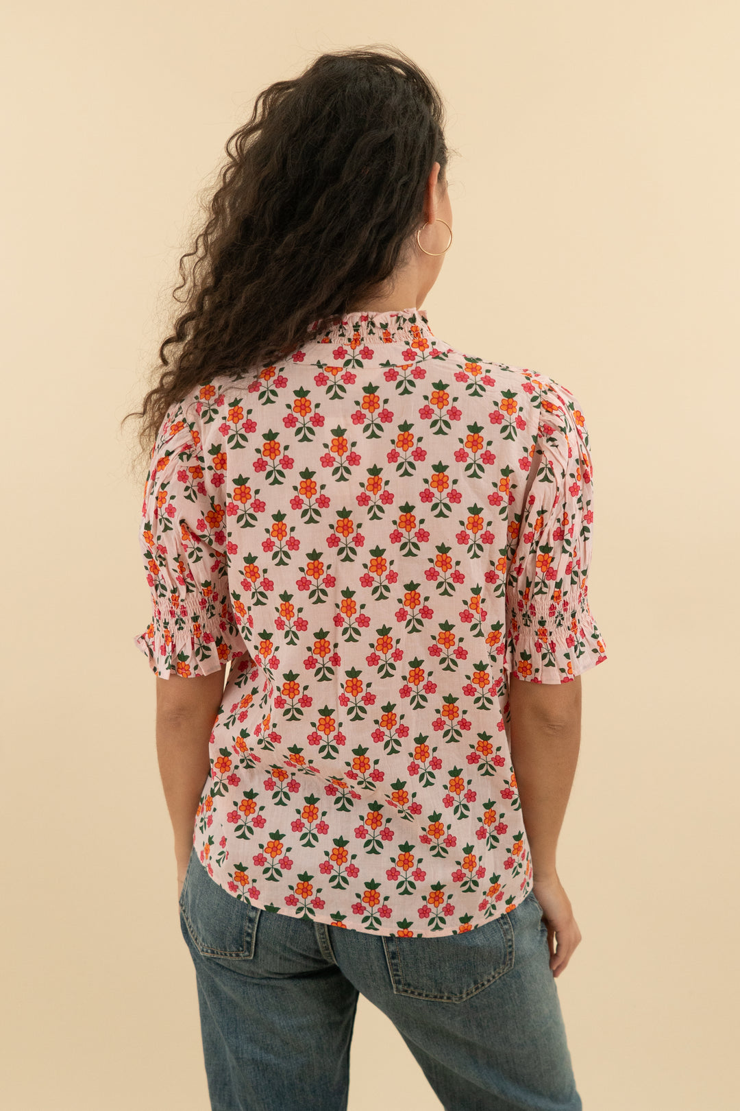 8. thml pink floral short sleeve button down top (s; retail $90)