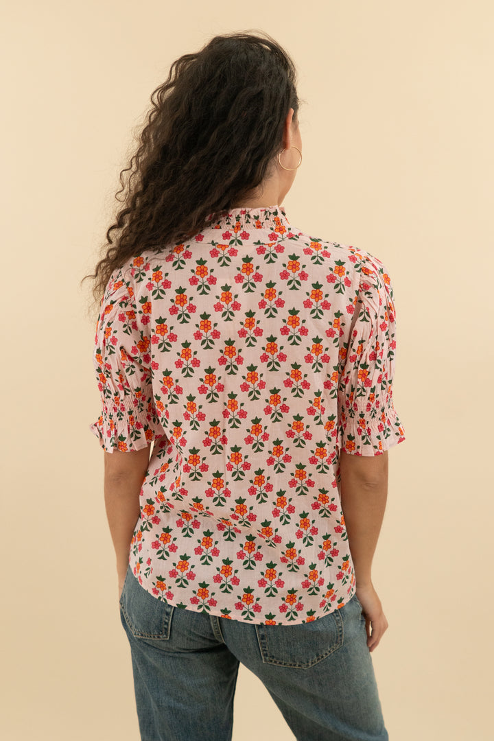 8. thml pink floral short sleeve button down top (s; retail $90)
