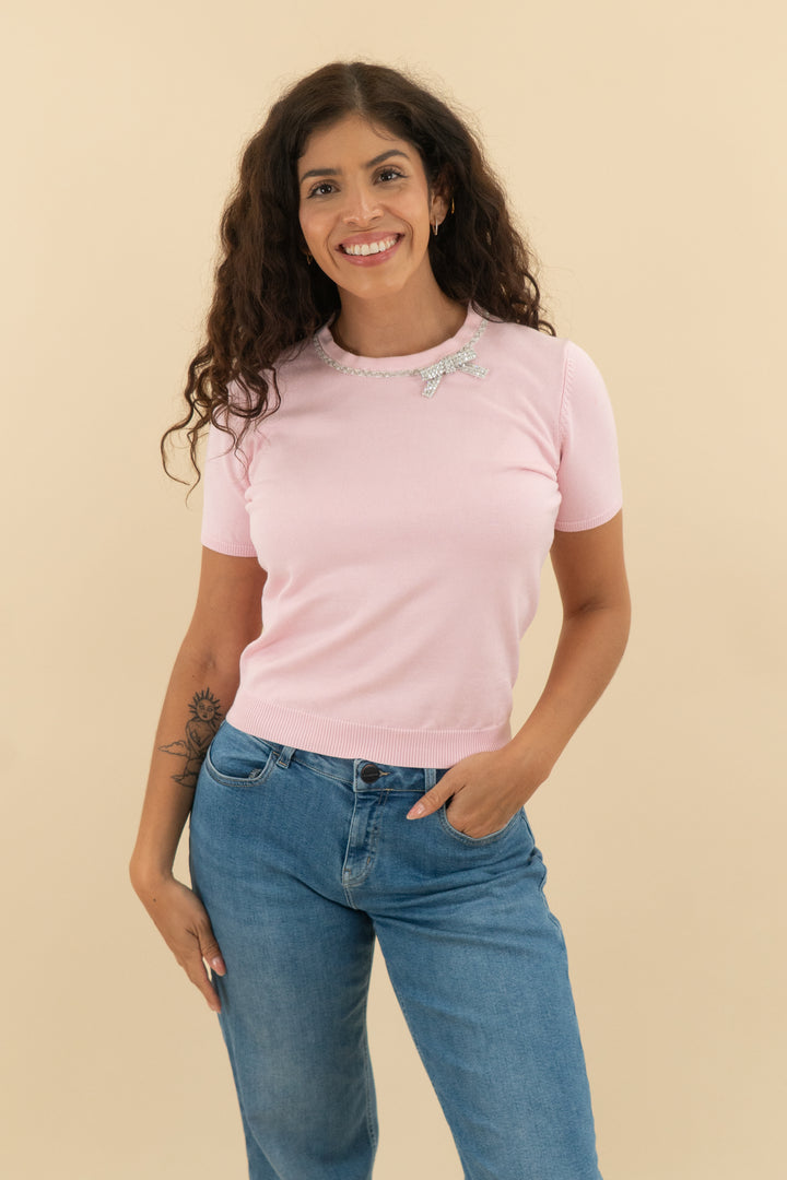 avara light pink short sleeve knit top (s; retail $80)