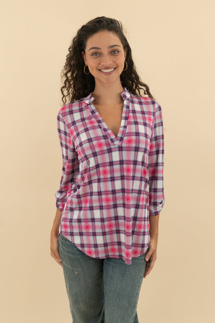 smazy pink plaid long sleeve top (s; retail $35)