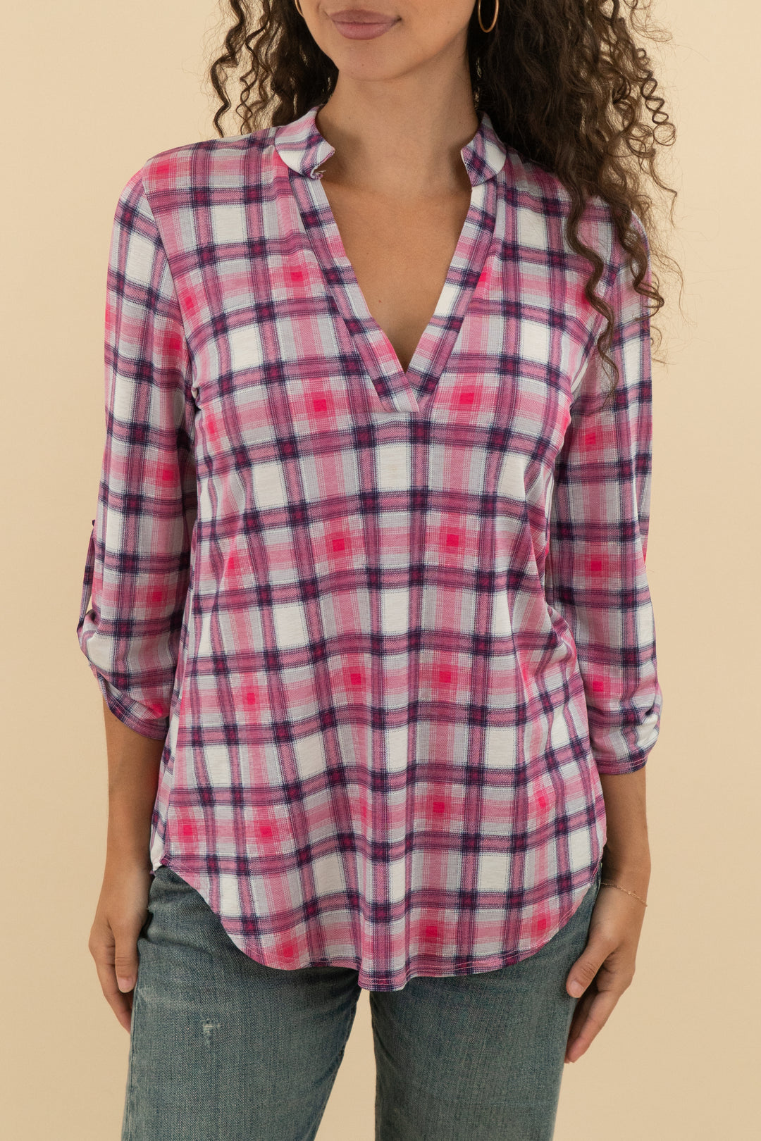 smazy pink plaid long sleeve top (s; retail $35)