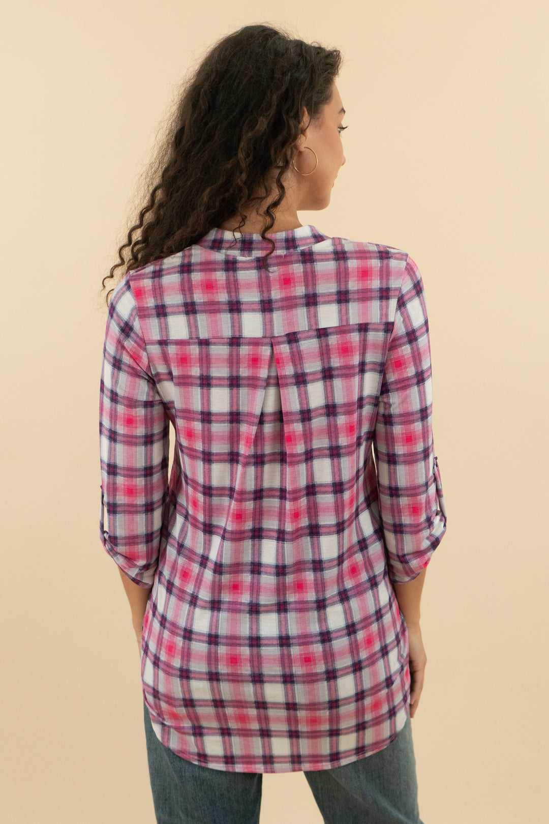smazy pink plaid long sleeve top (s; retail $35)