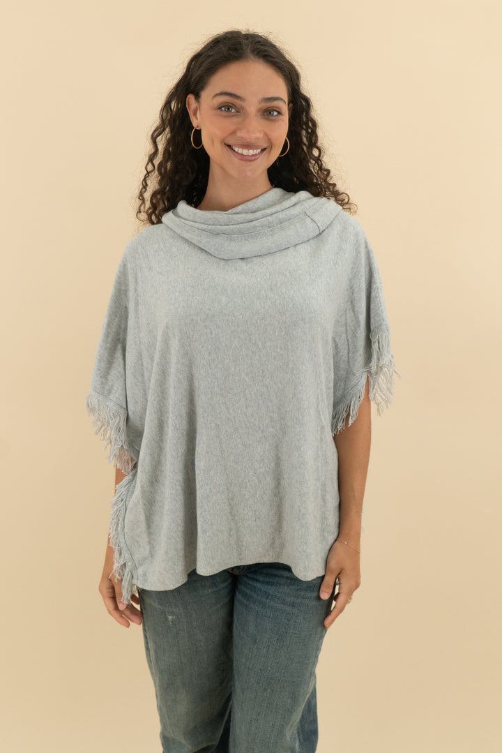 Chico's Funnel Neck Grey Fringe Shaw (s/m; retail $120)