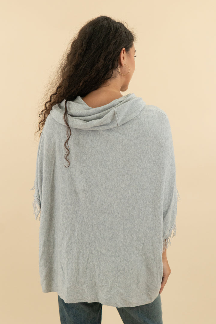 Chico's Funnel Neck Grey Fringe Shaw (s/m; retail $120)