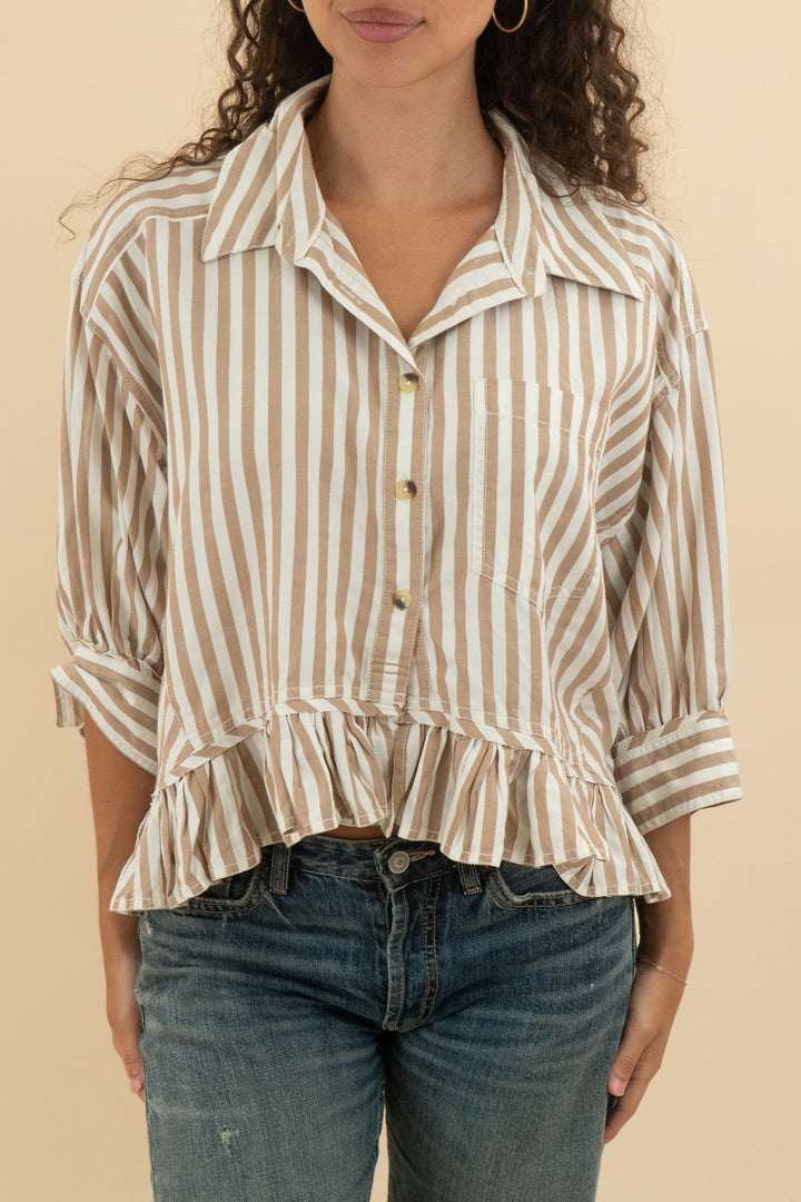 42. free people tan and white striped button down top (s; retail $108)