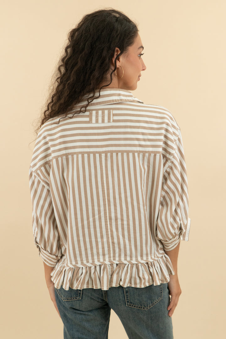 42. free people tan and white striped button down top (s; retail $108)