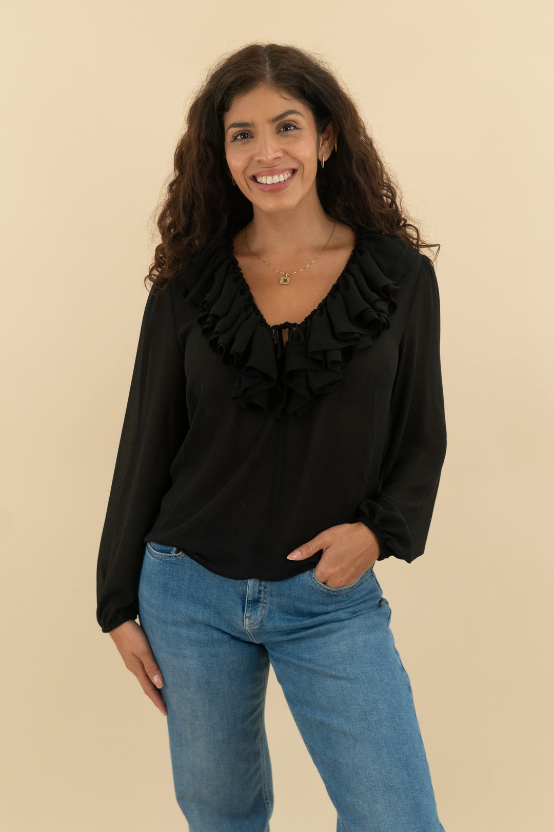wayf black sheer ruffle peasant top nwt (s; retail $69)