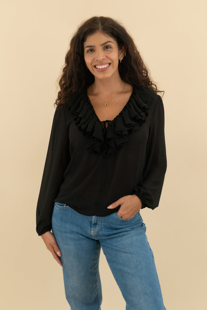 wayf black sheer ruffle peasant top nwt (s; retail $69)