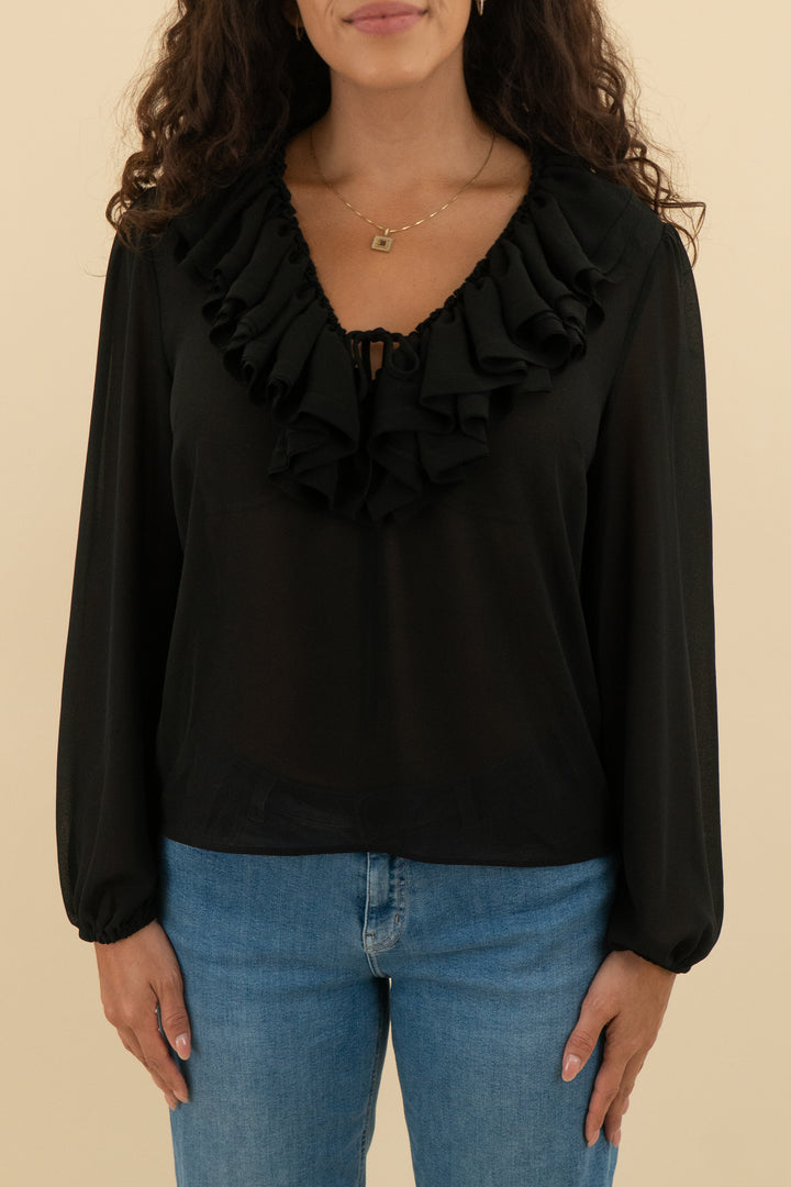 wayf black sheer ruffle peasant top nwt (s; retail $69)