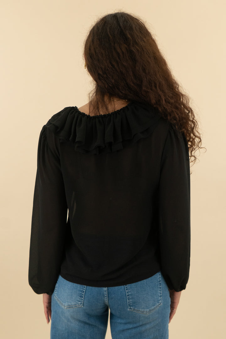 wayf black sheer ruffle peasant top nwt (s; retail $69)