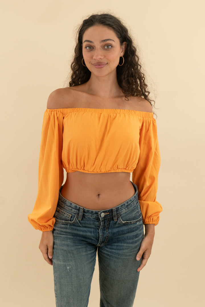 petal + pup orange off the shoulder crop top (s; retail $58)
