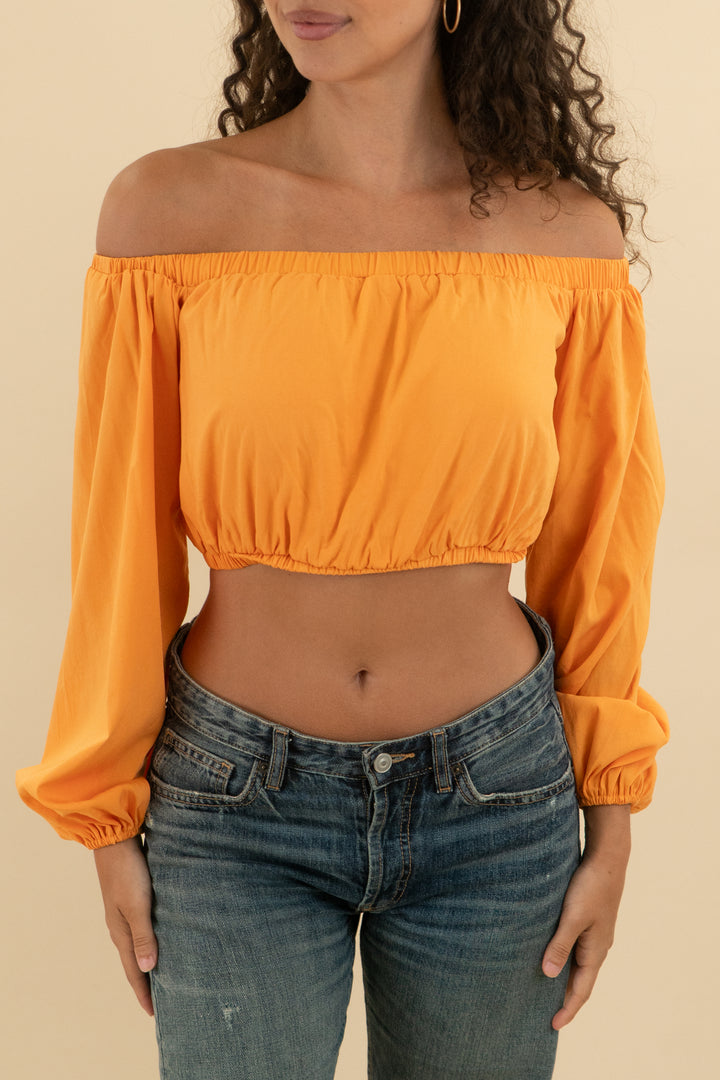 petal + pup orange off the shoulder crop top (s; retail $58)