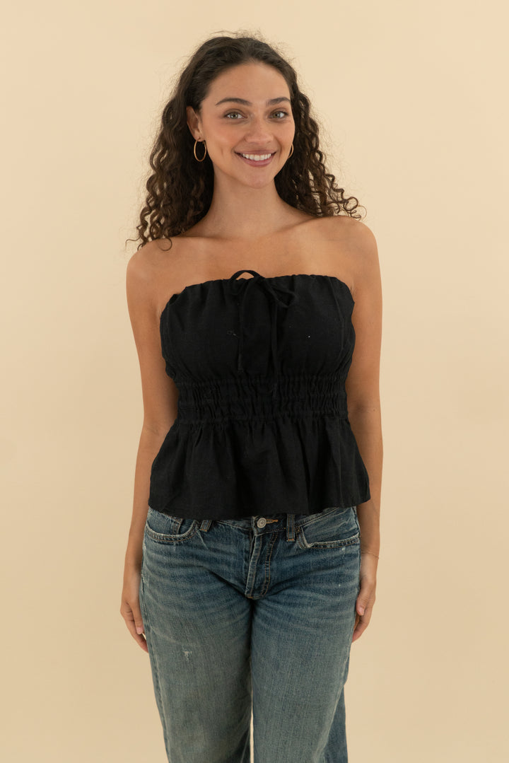 anthropologie black linen strapless top nwt (s; retail $98)