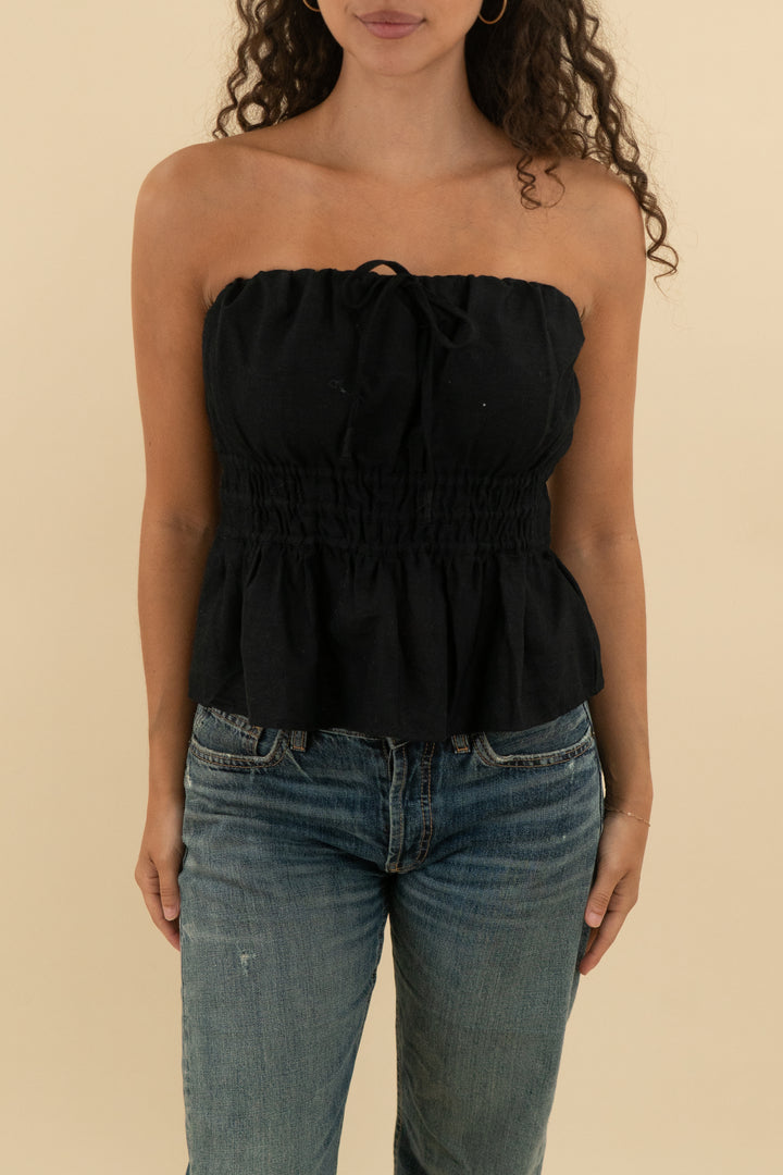 anthropologie black linen strapless top nwt (s; retail $98)