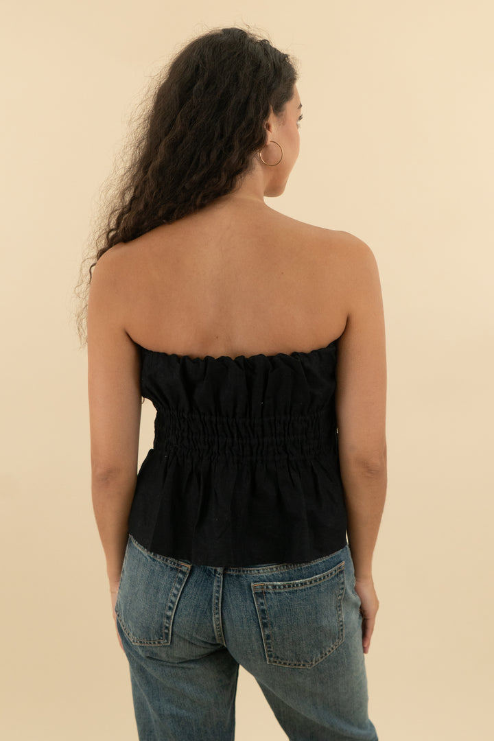 anthropologie black linen strapless top nwt (s; retail $98)
