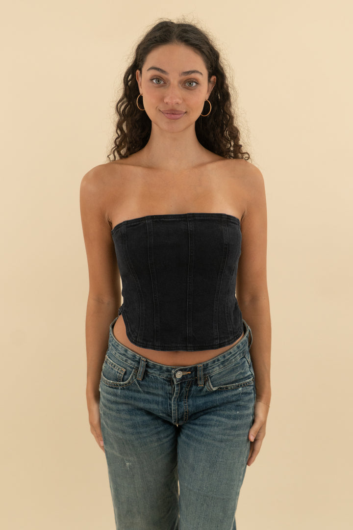 denim forum black strapless top (s; retail $98)