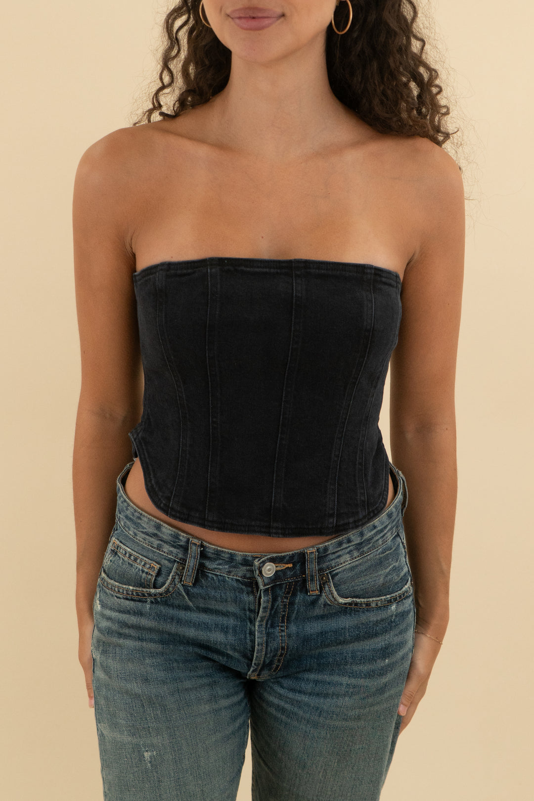 denim forum black strapless top (s; retail $98)