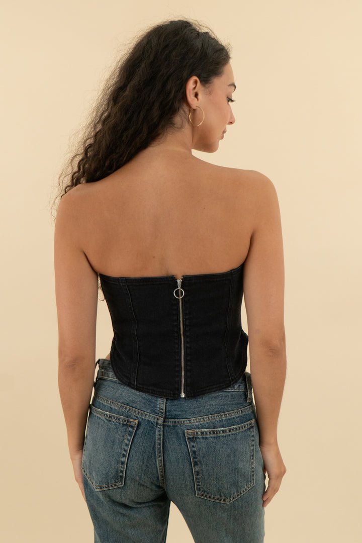 denim forum black strapless top (s; retail $98)