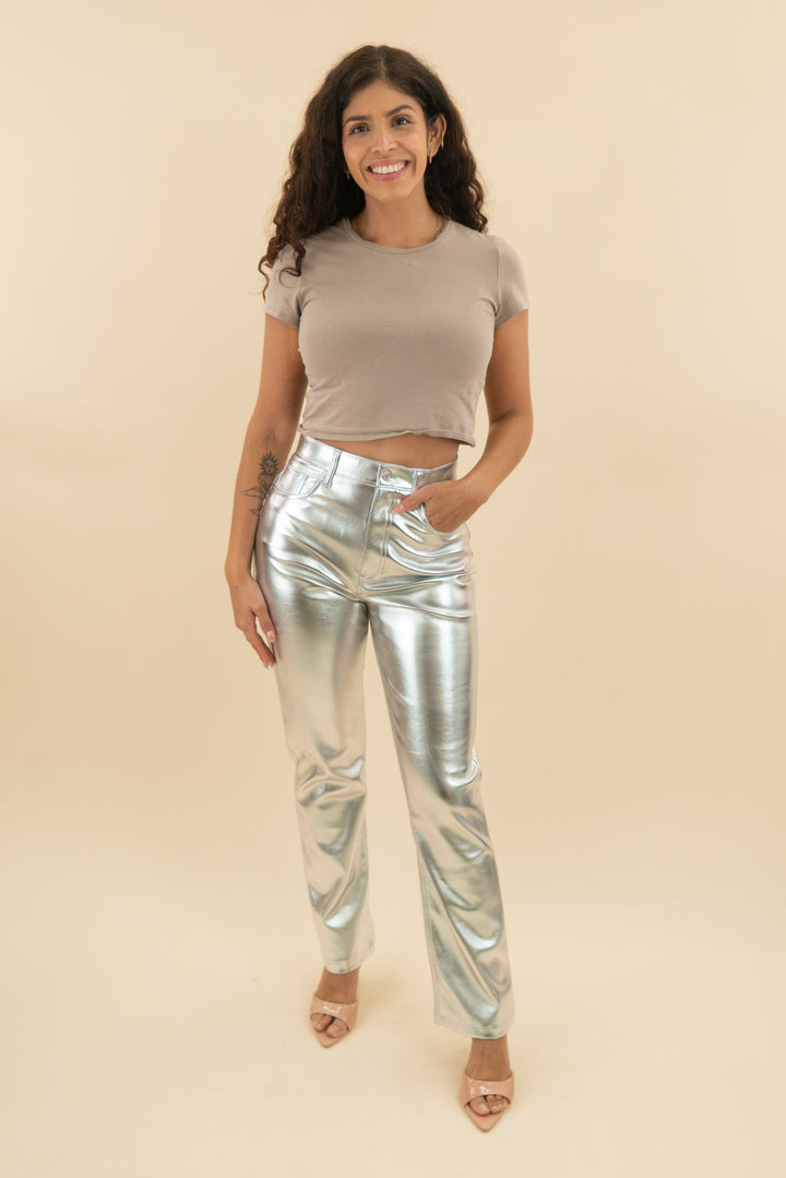 abercrombie & fitch the 90s ultra high rise silver metallic pants nwt (27; retail $110)