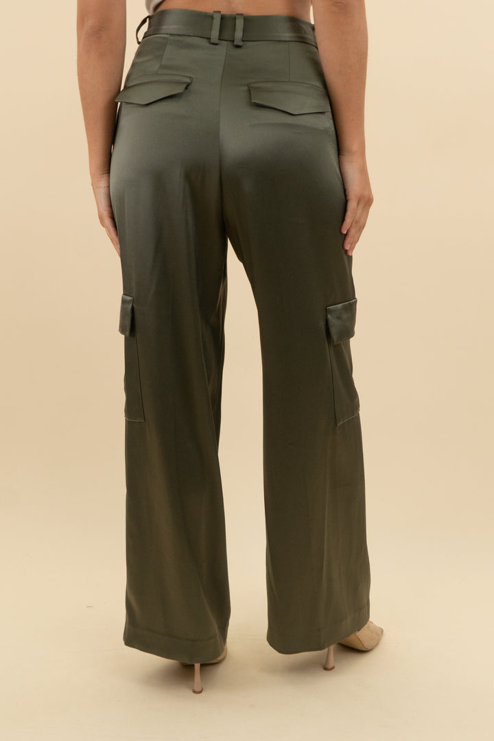 grade & gather metal grey satin cargo pants nwt (m; retail $59.95)