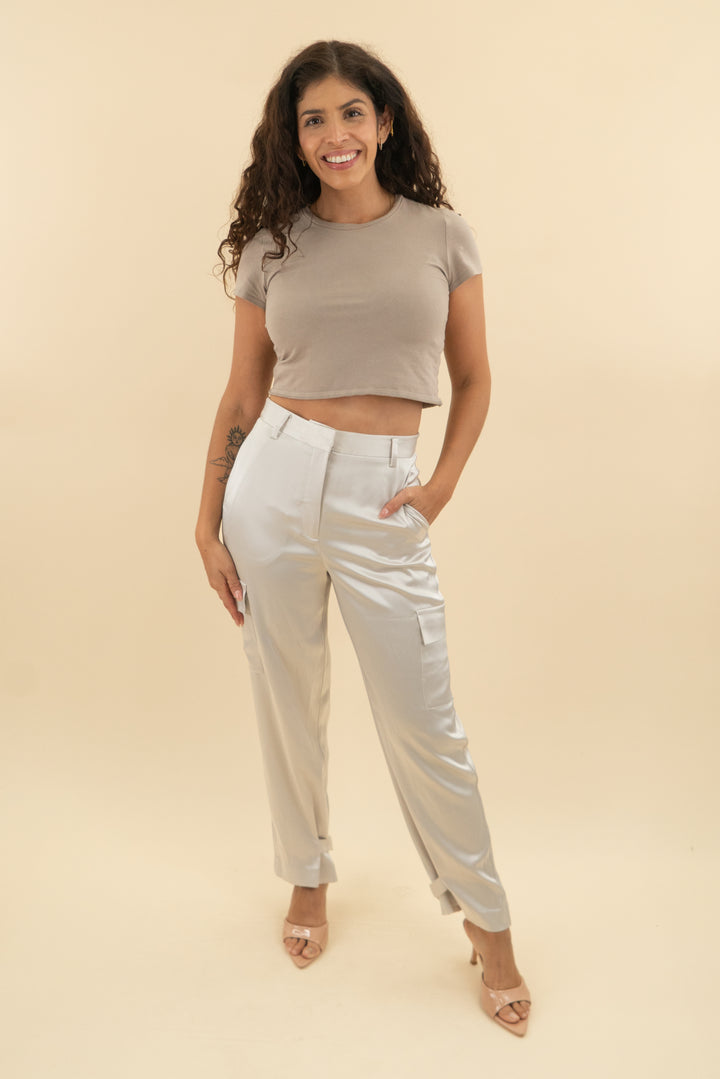 babaton light taupe satin cargo trousers (6; retail $148)