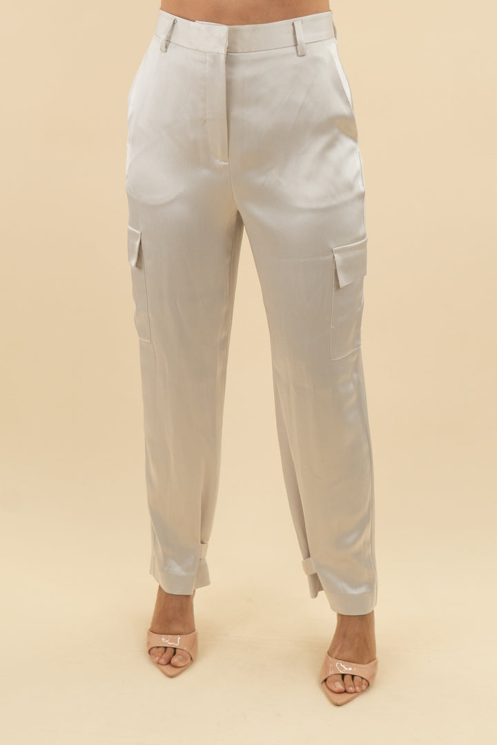 babaton light taupe satin cargo trousers (6; retail $148)