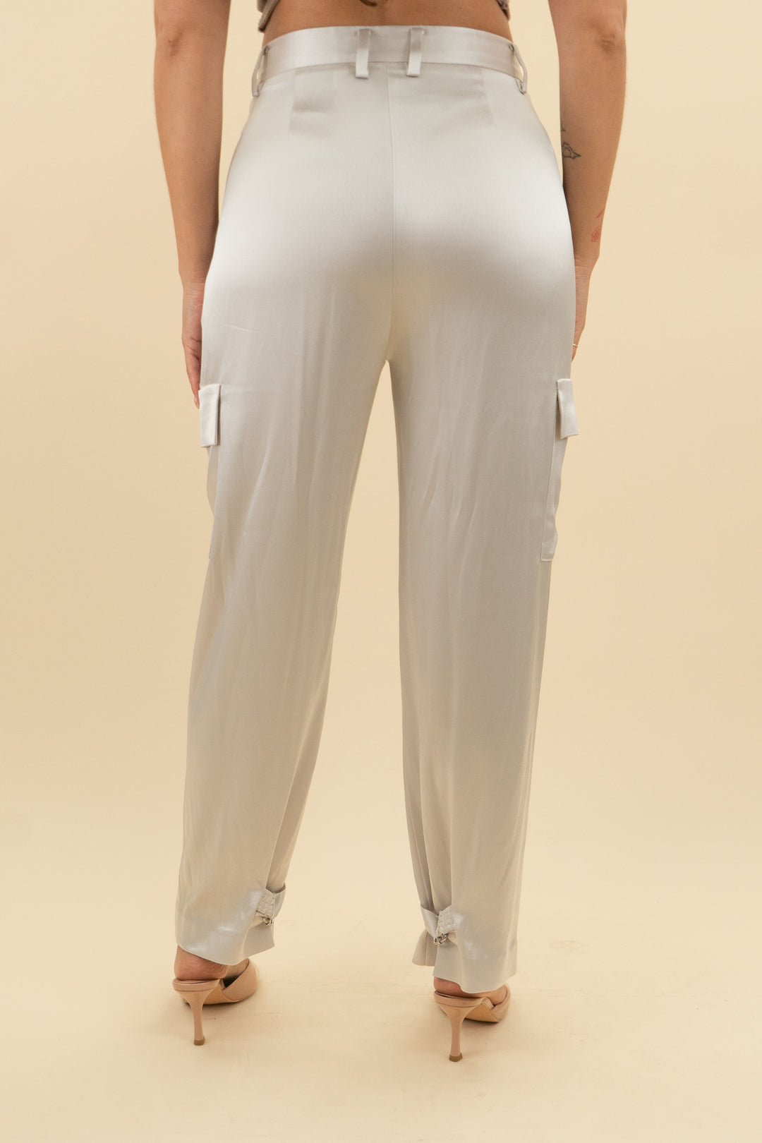 babaton light taupe satin cargo trousers (6; retail $148)