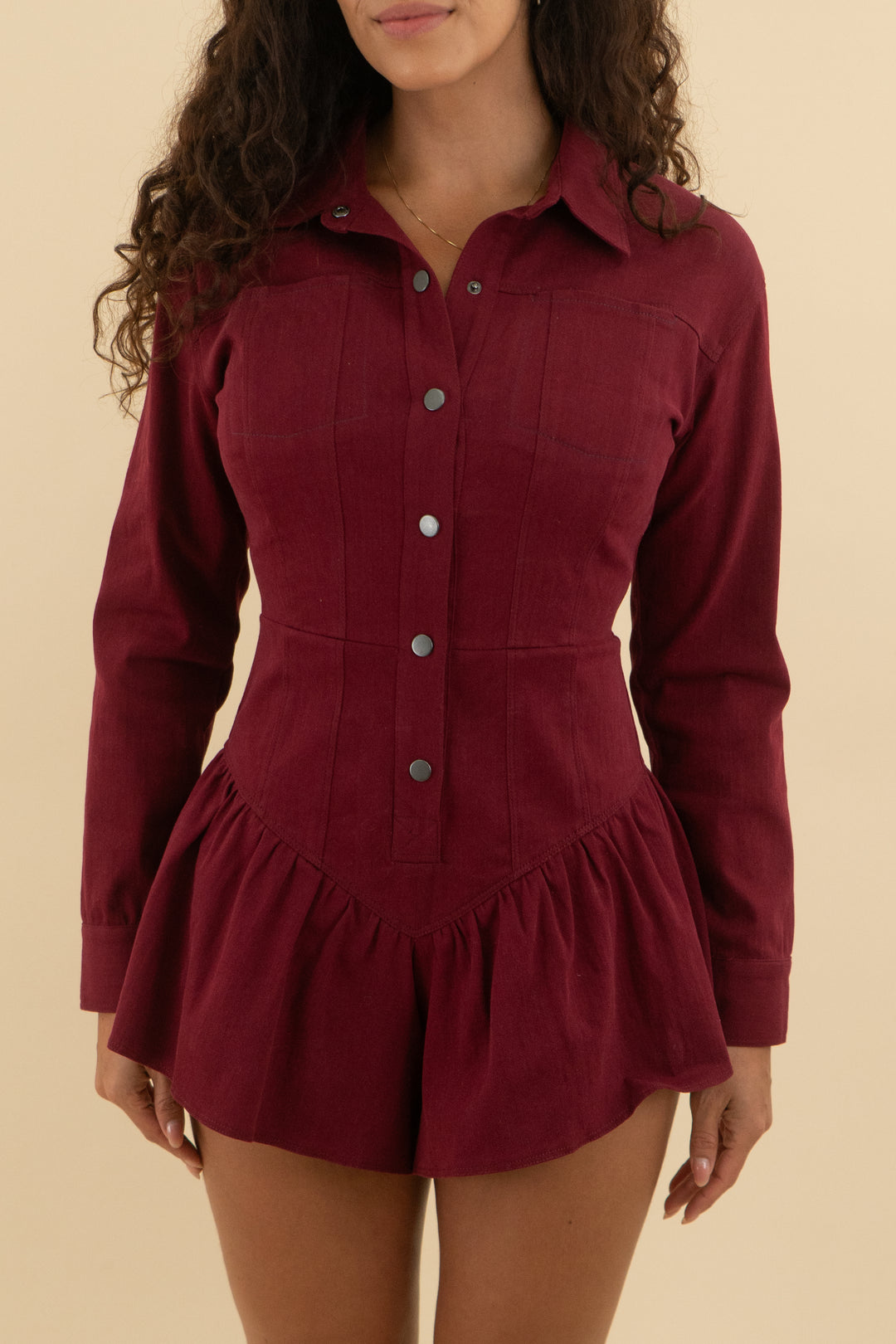 saylor red denim mini romper (s; retail $286)