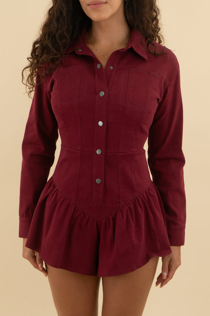 saylor red denim mini romper (s; retail $286)