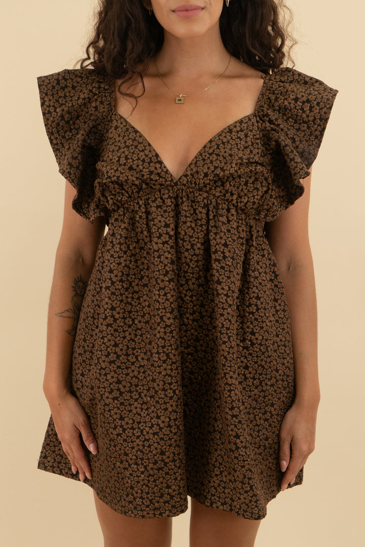 day + moon brown floral mini dress (m; retail $74)