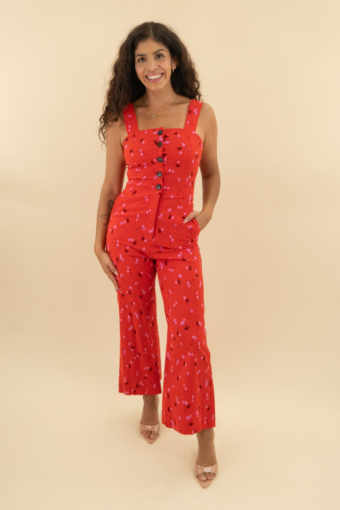 40. maeve red cherry print sleeveless jumpsuit (6; retail $168)