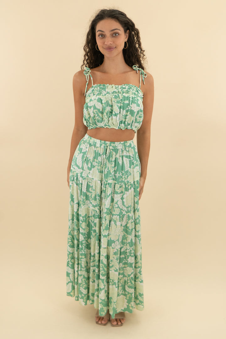mink pink green floral skirt and top set (m; retail $249)