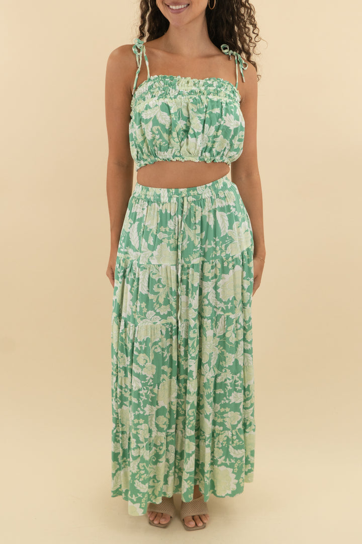 mink pink green floral skirt and top set (m; retail $249)