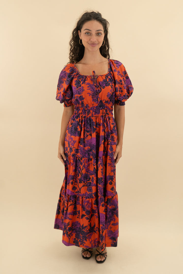 anthropologie orange and purple floral print balloon sleeve ruffle maxi dress nwt (s; retail $168)
