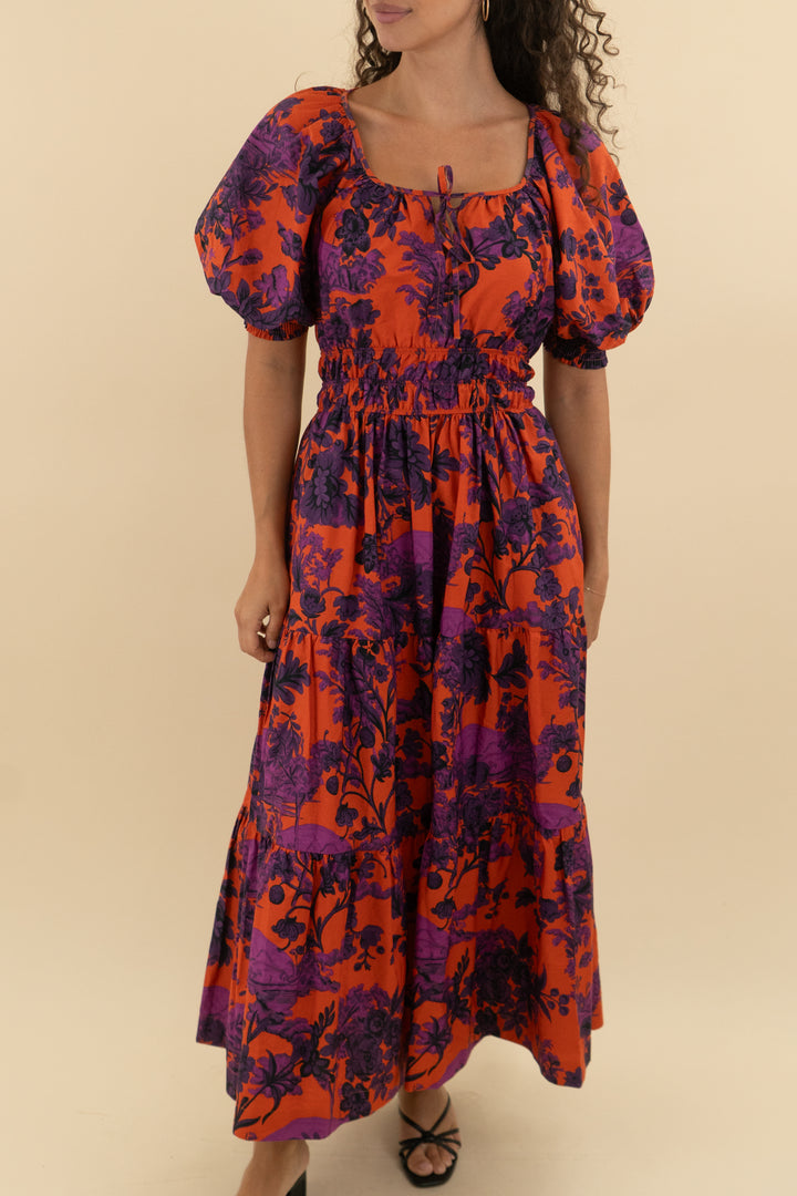 anthropologie orange and purple floral print balloon sleeve ruffle maxi dress nwt (s; retail $168)