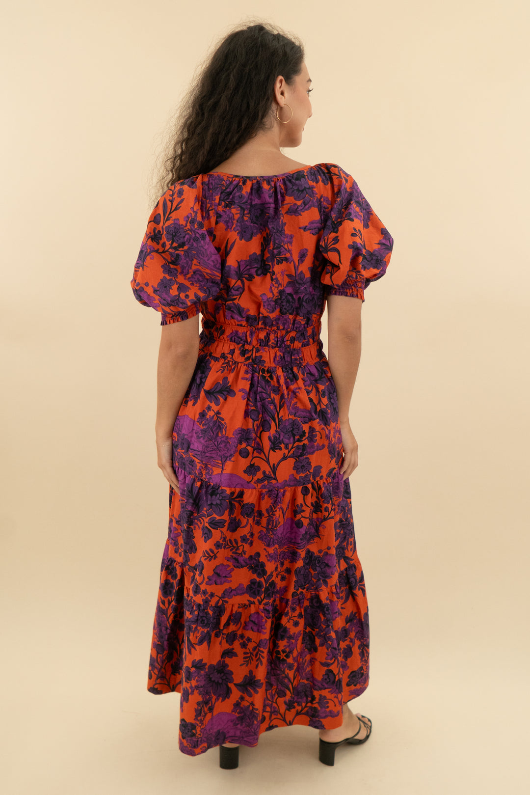 anthropologie orange and purple floral print balloon sleeve ruffle maxi dress nwt (s; retail $168)