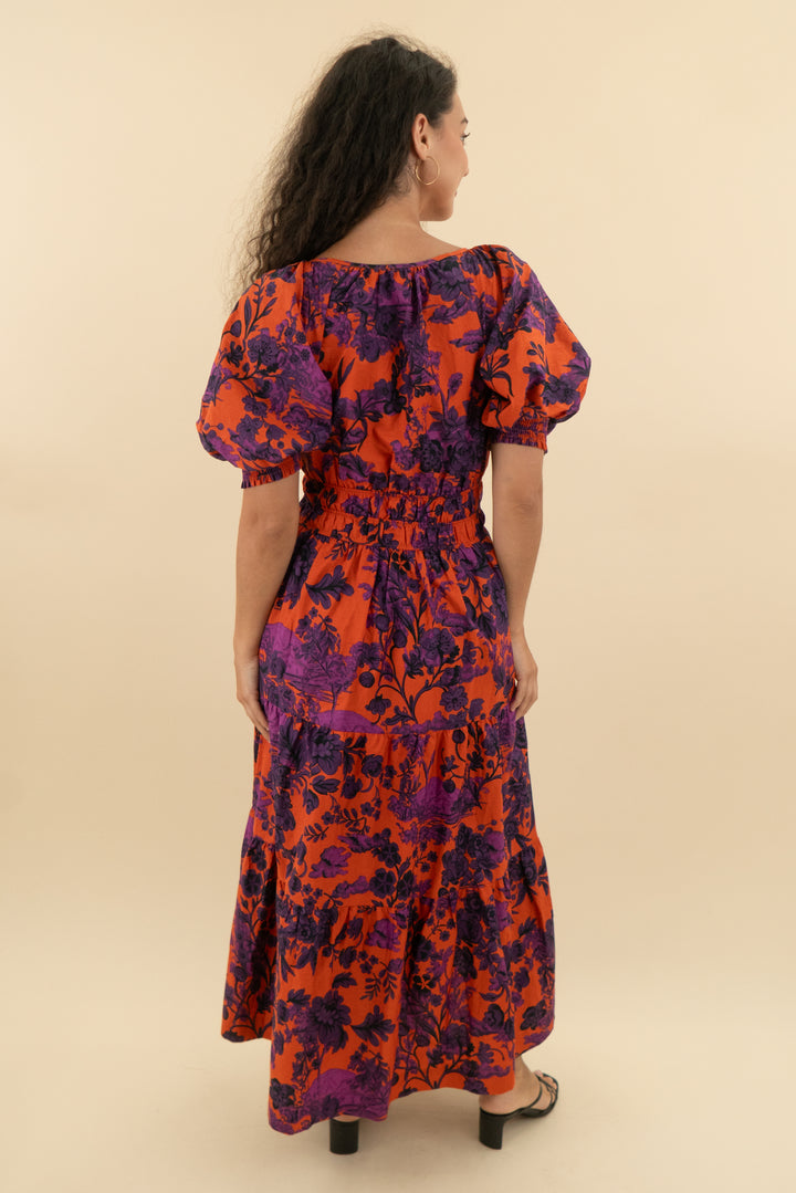 anthropologie orange and purple floral print balloon sleeve ruffle maxi dress nwt (s; retail $168)