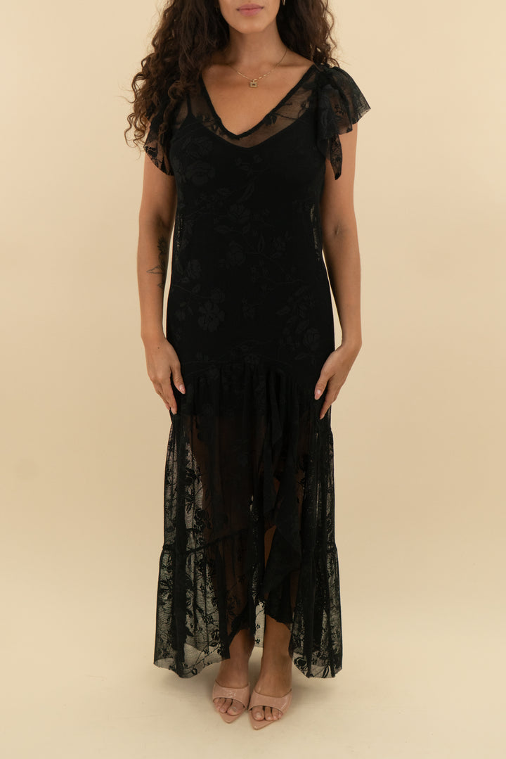 free people black lace flutter sleeve ruffle midi dress (m; retail $198)