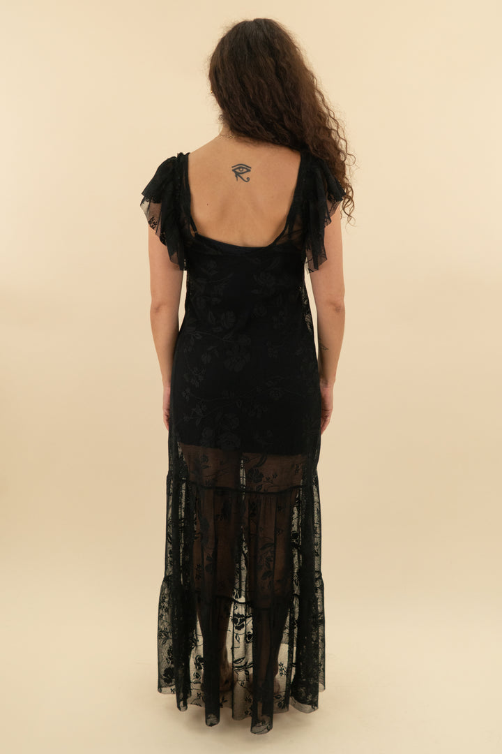 free people black lace flutter sleeve ruffle midi dress (m; retail $198)