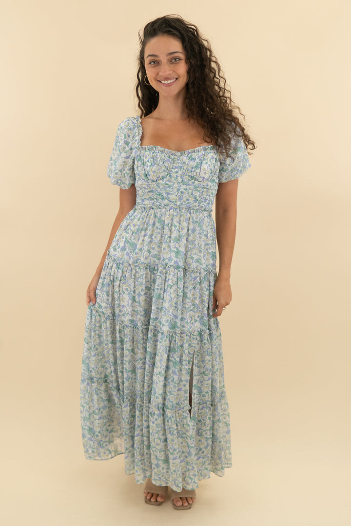 astr the label green and purple floral ruffle maxi dress with bubble sleeves (s; retail $178)