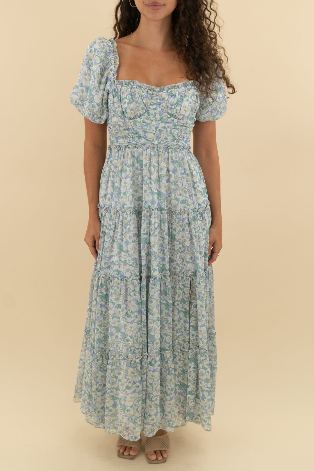 astr the label green and purple floral ruffle maxi dress with bubble sleeves (s; retail $178)