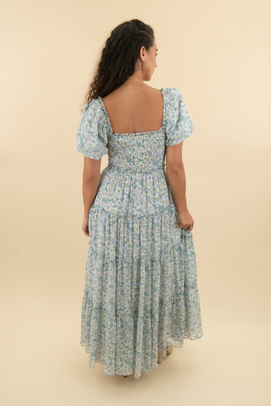 astr the label green and purple floral ruffle maxi dress with bubble sleeves (s; retail $178)