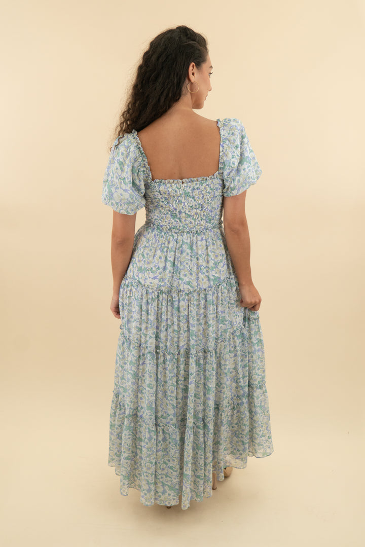 astr the label green and purple floral ruffle maxi dress with bubble sleeves (s; retail $178)